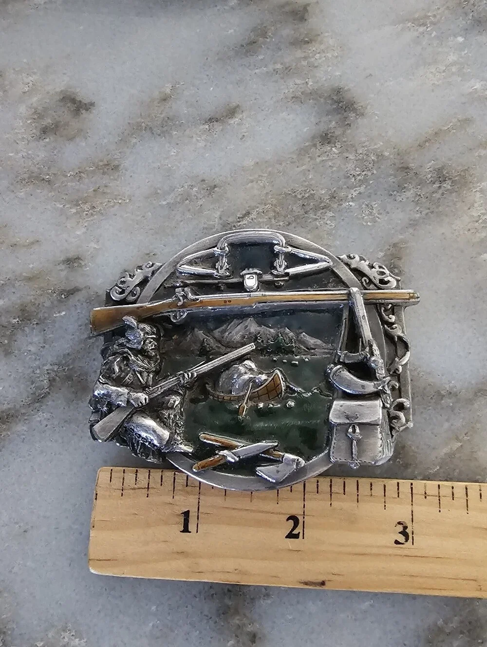 1984 Siskiyou Fur Trapper Belt Buckle O-29 Enameled Pewter Mountain Man Western